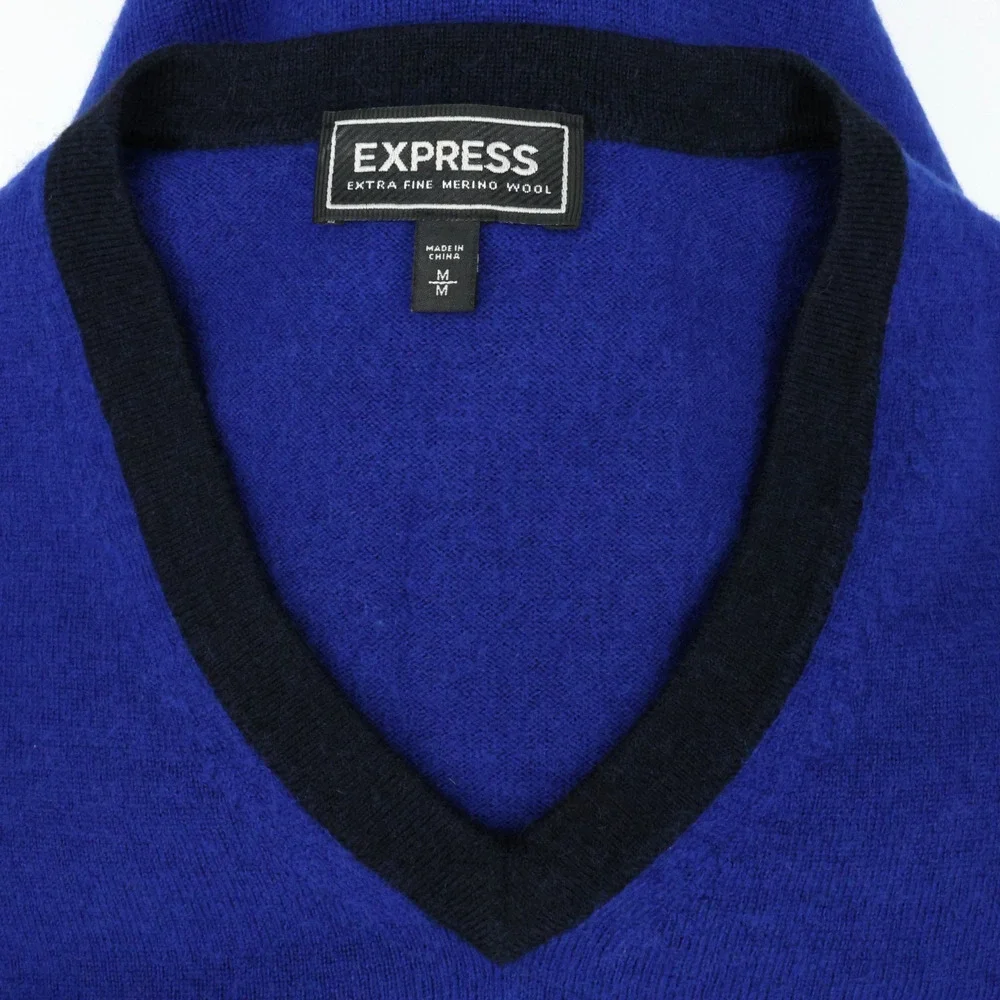 Express Sweater Womens Medium Blue Black Extra Fine Merino Wool Pullover
